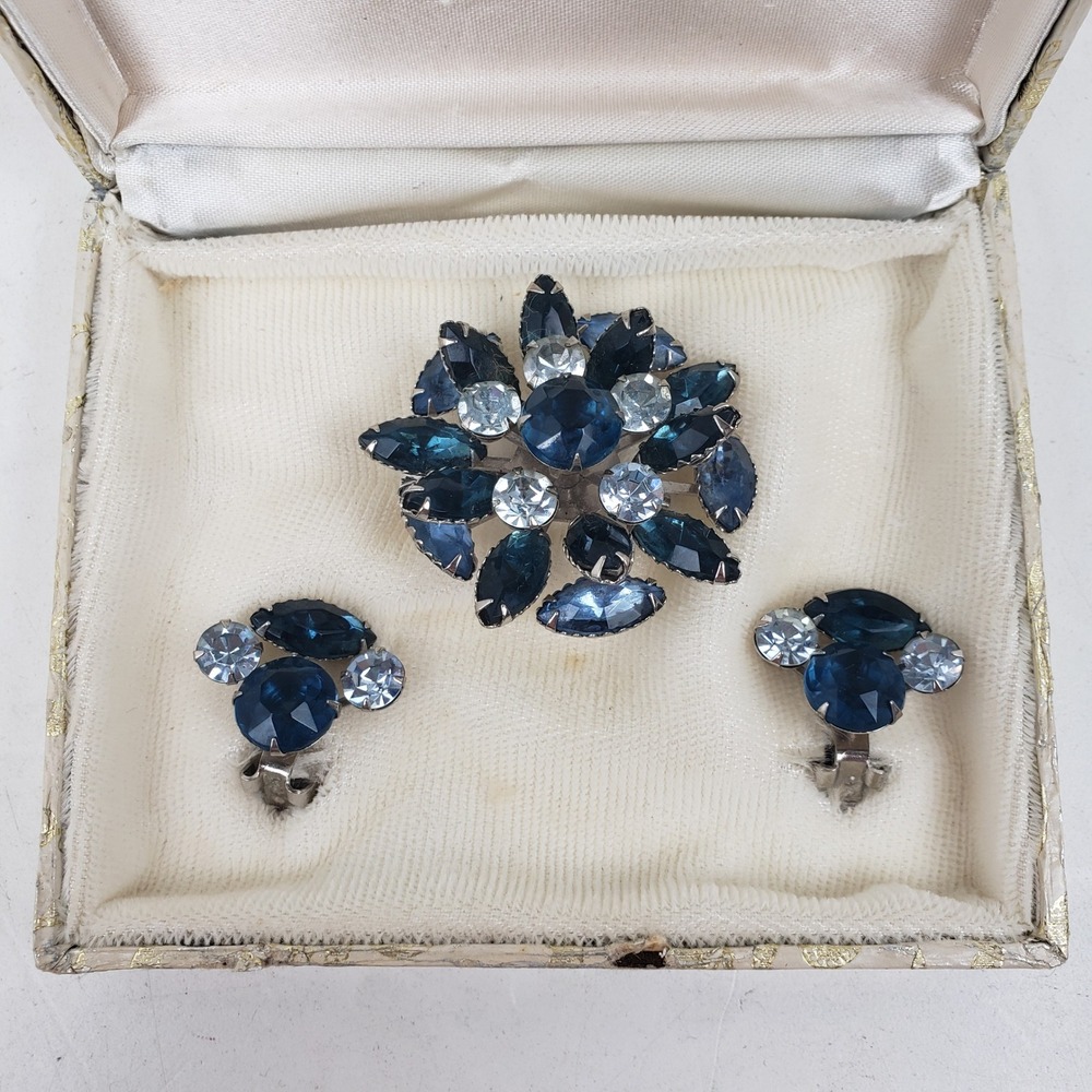 Vintage Blue Rhinestone Brooch and Clip On Earrings Set Silver Tone Floral Box
